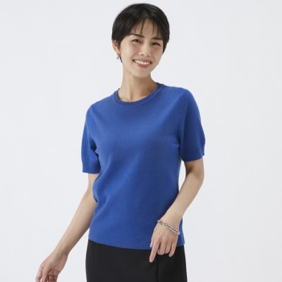 日本製　カシミヤ100%　レディース　クルーネック半袖　ブルー　2Lサイズ