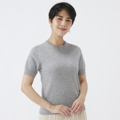 日本製　カシミヤ100%　レディース　クルーネック半袖　ライトグレー　Mサイズ