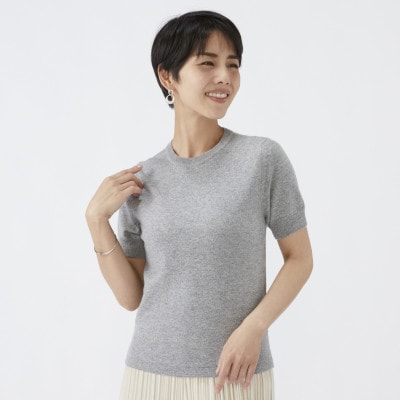 日本製　カシミヤ100%　レディース　クルーネック半袖　ライトグレー　Lサイズ