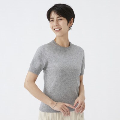 日本製　カシミヤ100%　レディース　クルーネック半袖　ライトグレー　Lサイズ