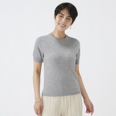 日本製　カシミヤ100%　レディース　クルーネック半袖　ライトグレー　2Lサイズ