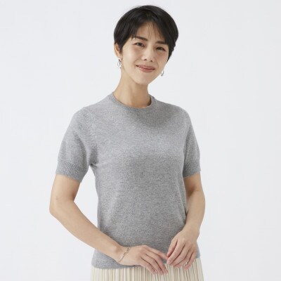 日本製　カシミヤ100%　レディース　クルーネック半袖　ライトグレー　2Lサイズ