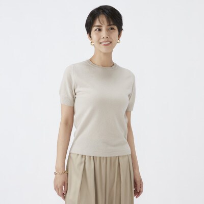 日本製　カシミヤ100%　レディース　クルーネック半袖　ライトベージュ　Sサイズ