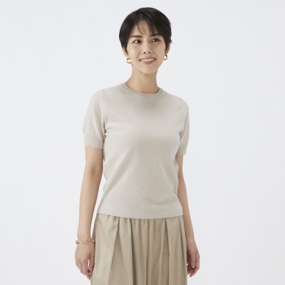 日本製　カシミヤ100%　レディース　クルーネック半袖　ライトベージュ　Mサイズ