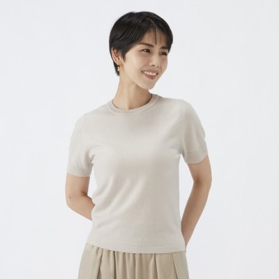 日本製　カシミヤ100%　レディース　クルーネック半袖　ライトベージュ　Mサイズ