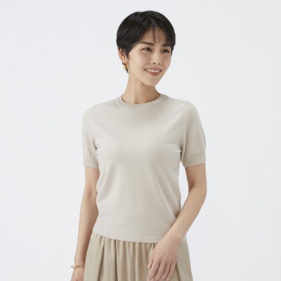 日本製　カシミヤ100%　レディース　クルーネック半袖　ライトベージュ　Lサイズ
