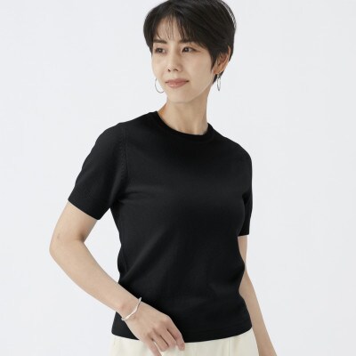 日本製　カシミヤ100%　レディース　クルーネック半袖　ブラック　2Lサイズ