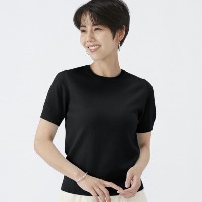 日本製　カシミヤ100%　レディース　クルーネック半袖　ブラック　2Lサイズ