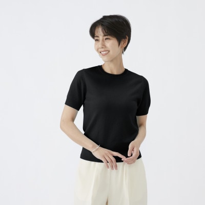 日本製　カシミヤ100%　レディース　クルーネック半袖　ブラック　2Lサイズ