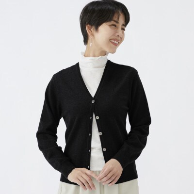 日本製　カシミヤ100%　レディース　Vカーディガン　ブラック　Lサイズ　90805