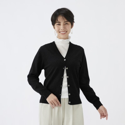 日本製　カシミヤ100%　レディース　Vカーディガン　ブラック　2Lサイズ　90805