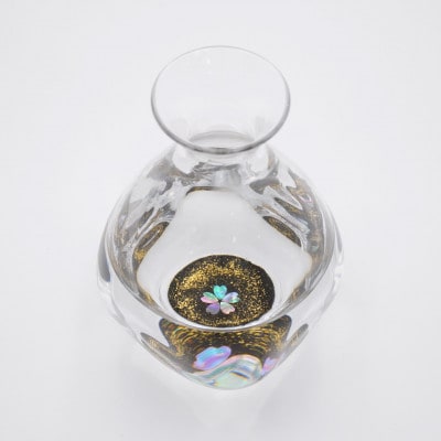【高岡漆器】螺鈿ガラス徳利と杯2個セット　桜(黒)