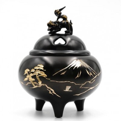 【高岡銅器】香炉　富士に松　獅子蓋