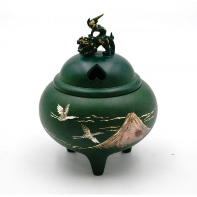 【高岡銅器】香炉　赤富士山　獅子蓋