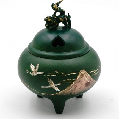 【高岡銅器】香炉　赤富士山　獅子蓋