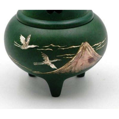 【高岡銅器】香炉　赤富士山　獅子蓋