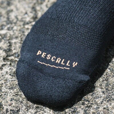 【日本製】漁師も認めた和紙靴下(ペスカリー)着圧ハイソックス丈　ネイビー×オレンジ　25-27cm