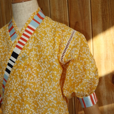 子ども甚平 (pati pati) 110～120cm イエロー系リーフ柄×ストライプ柄
