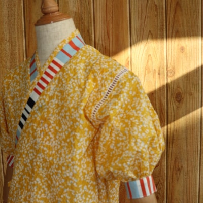 子ども甚平 (pati pati) 110～120cm イエロー系リーフ柄×ストライプ柄