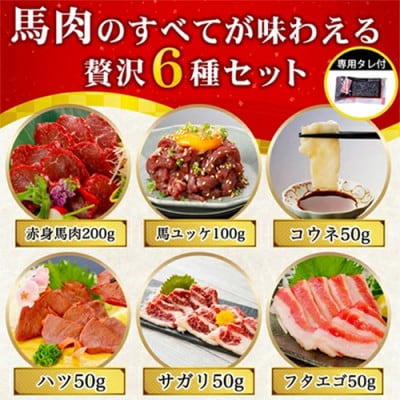 馬肉6種(赤身 ユッケ カルビ フタエゴ コーネ ハツ) 約500g 専用たれ (熊本県小国町)