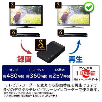 ロジSeeQVault対応 テレビ録画用ポータブルHDD 4TB【LHD-PBMB40U3QW】