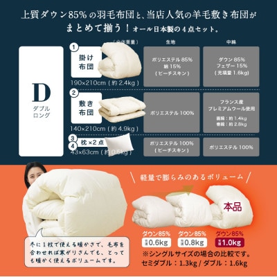 布団4点セット ダブル 羽毛布団 羊毛敷布団 (アイボリー) ダウン85% プレミアムウール
