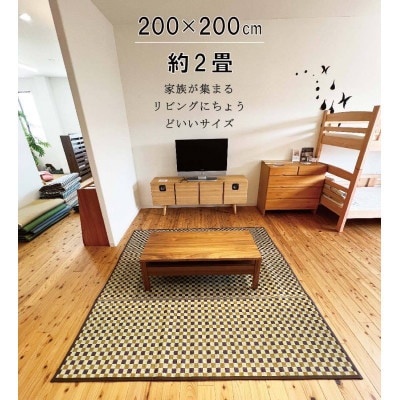 ふっくら仕上げ　い草ラグ《チェック柄×グリーン》 200cm×200cm