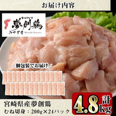 宮崎県産ブランド鶏「夢創鶏」若鶏むね肉切身　小分けパック(200g×24パック)