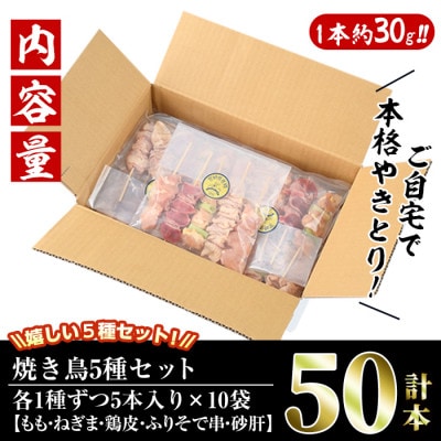 【訳あり・簡易包装】焼き鳥5種食べ比べセット(合計50本・5種各10本)