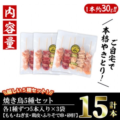 【訳あり・簡易包装】焼き鳥5種食べ比べセット(合計15本・5種各3本)