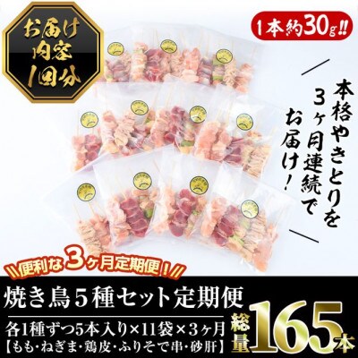 【毎月定期便】≪訳あり・簡易包装≫ 焼き鳥5種類食べ比べセット全3回