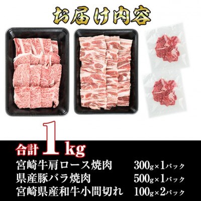 宮崎牛と県産豚肉セット(宮崎牛肩ロース焼肉/県産豚バラ焼肉/和牛小間切れ)合計:1kg(門川町)