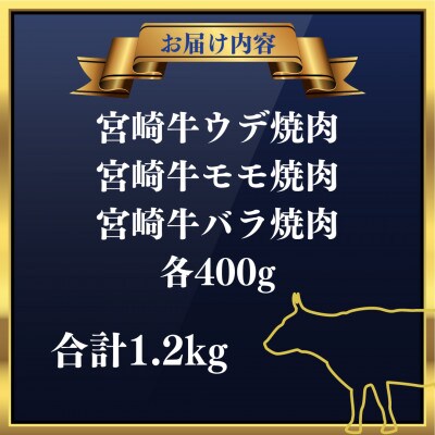 宮崎牛焼肉セット(合計1.2kg)ウデ焼肉・モモ焼肉・バラ焼肉(門川町)