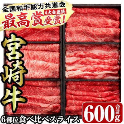 【宮崎牛・3D冷凍】6部位食べ比べスライス(合計600g)(門川町)