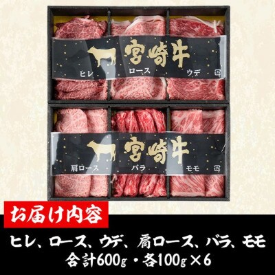 【宮崎牛・3D冷凍】6部位食べ比べスライス(合計600g)(門川町)
