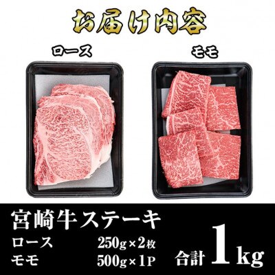宮崎牛ステーキセット(合計1kg)ロース(2枚・500g)モモ(5枚・500g)(門川町)