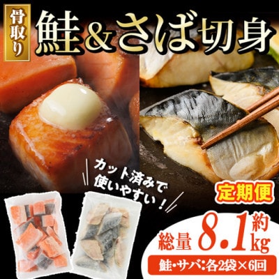 【毎月定期便】骨取りさば切身と鮭カットのセット(総量約8.1kg)全6回