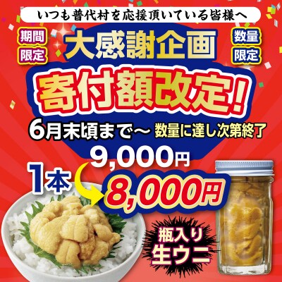 【期間限定 寄付金額改定】【漁師厳選】 普代産 生うに60g 瓶入り ミョウバン不使用 塩水