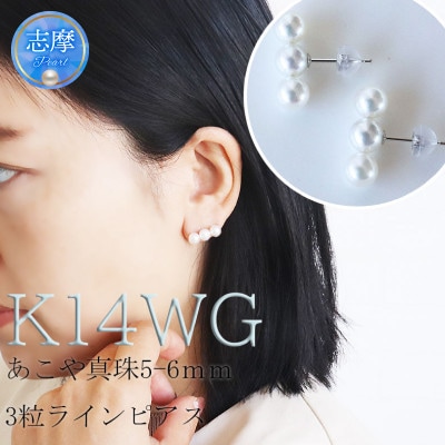 志摩産アコヤ真珠 5-6ミリ 3粒ラインピアス (K14WG)