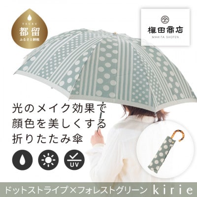 創業150年以上の傘専門店が作る婦人折傘　kirieドットストライプ(フォレストグリーン)/晴雨兼用