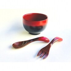 【漆器たかやすみ】蜃気楼塗り こども御汁椀(内朱)、ベビースプーン&ベビーフォークセット 1組