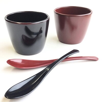 【漆器たかやすみ】本漆塗り miniフリーカップ溜・古代朱ペア&スプーンセット 1組