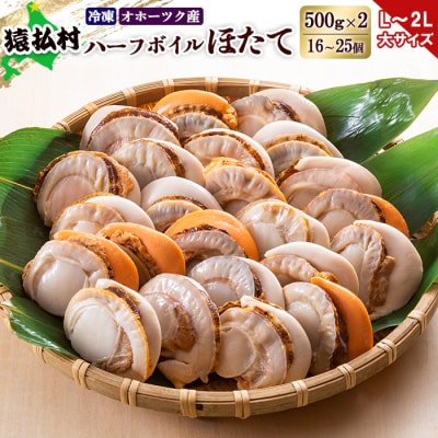 冷凍ハーフボイルホタテ「L～2L」大サイズ500g×2(16～25個)　オホーツク産【16022】