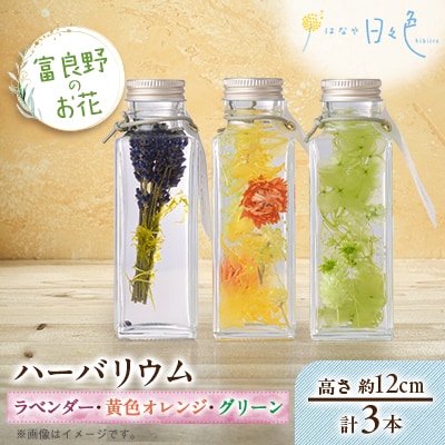 【ギフト】富良野のお花 ハーバリウム 3本セット(ラベンダー、黄色オレンジ、グリーン)