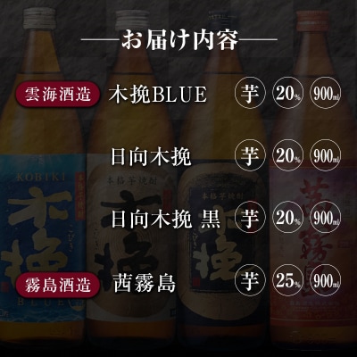 「宮崎県芋焼酎」木挽BLUE・日向木挽・日向木挽黒・茜霧島 900ml瓶 飲み比べ4本セット