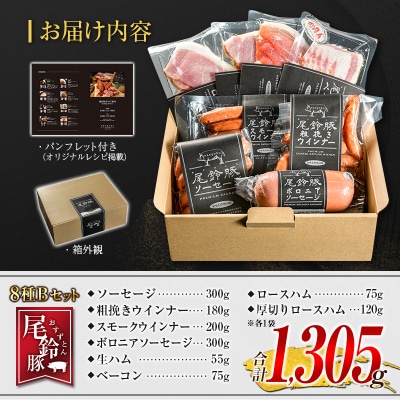 【PREMIUM PORK】 尾鈴豚 ハム ソーセージ 詰め合わせ 合計1305g 8種 Bセット
