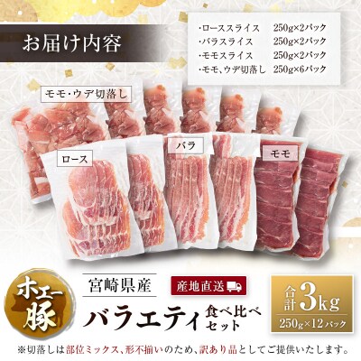 産地直送 宮崎県産 ホエー豚 バラエティ 食べ比べ セット 合計3kg(250g×12パック)国産 