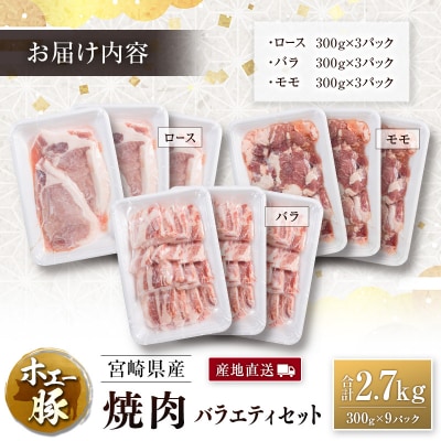 産地直送 宮崎県産 ホエー豚 焼肉 バラエティ セット 合計2.7kg(300g×9パック) 国産 