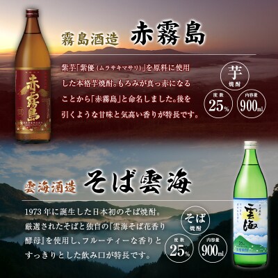 宮崎産「芋・麦・米・そば焼酎」4本セット 赤霧島・霧島ほろる・霧島するる・そば雲海 25度 900