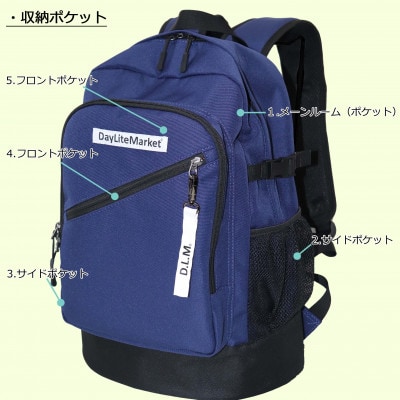 撥水、軽量、ボックスロゴがお洒落な 9ポケット 25Lリュック ネイビー×ホワイト